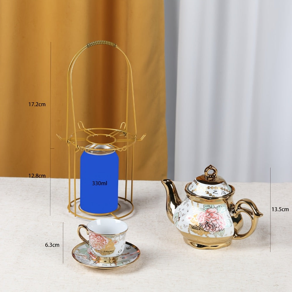 Floral Ceramic Tea Set 20 Pcs – European Porcelain Tea Cups & Saucers with Metal Holder & 15 Oz Teapot – Luxury Arabic Coffee Cup Set for Espresso, Cappuccino & Afternoon Tea – Elegant Gift