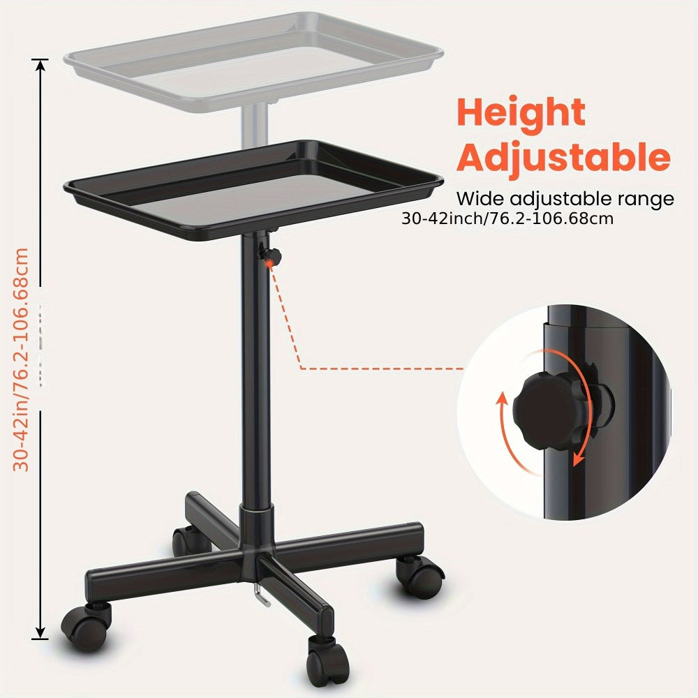 Salon Trolley Cart Height Adjustable 30 to 42 Inch Rolling Tray Table on Wheels Lockable Casters for Hair Stylist Barber Esthetician Nail Salon Spa Beauty Station Silver