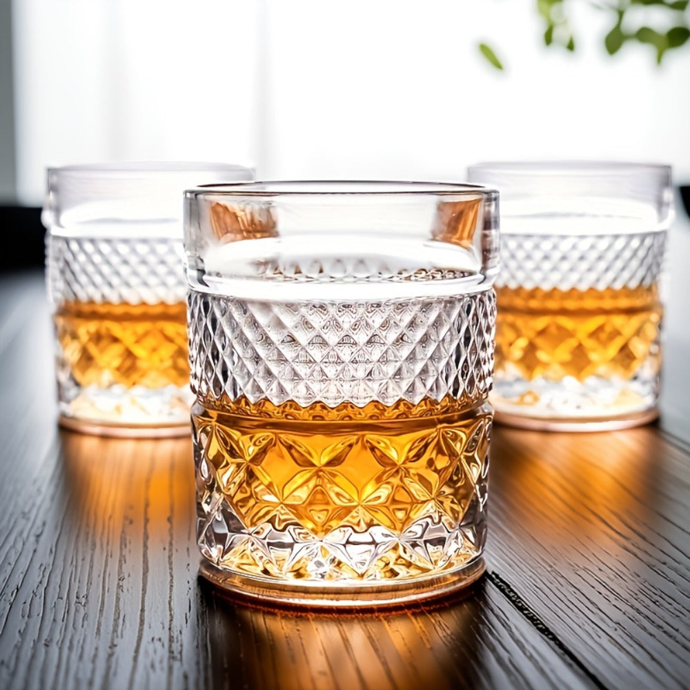 Italian Embossed Whiskey Glass – Handcrafted XO Cocktail Tumbler | Aesthetic Roostertail Bar Beer Water Glass for Home Bar Gifting Party