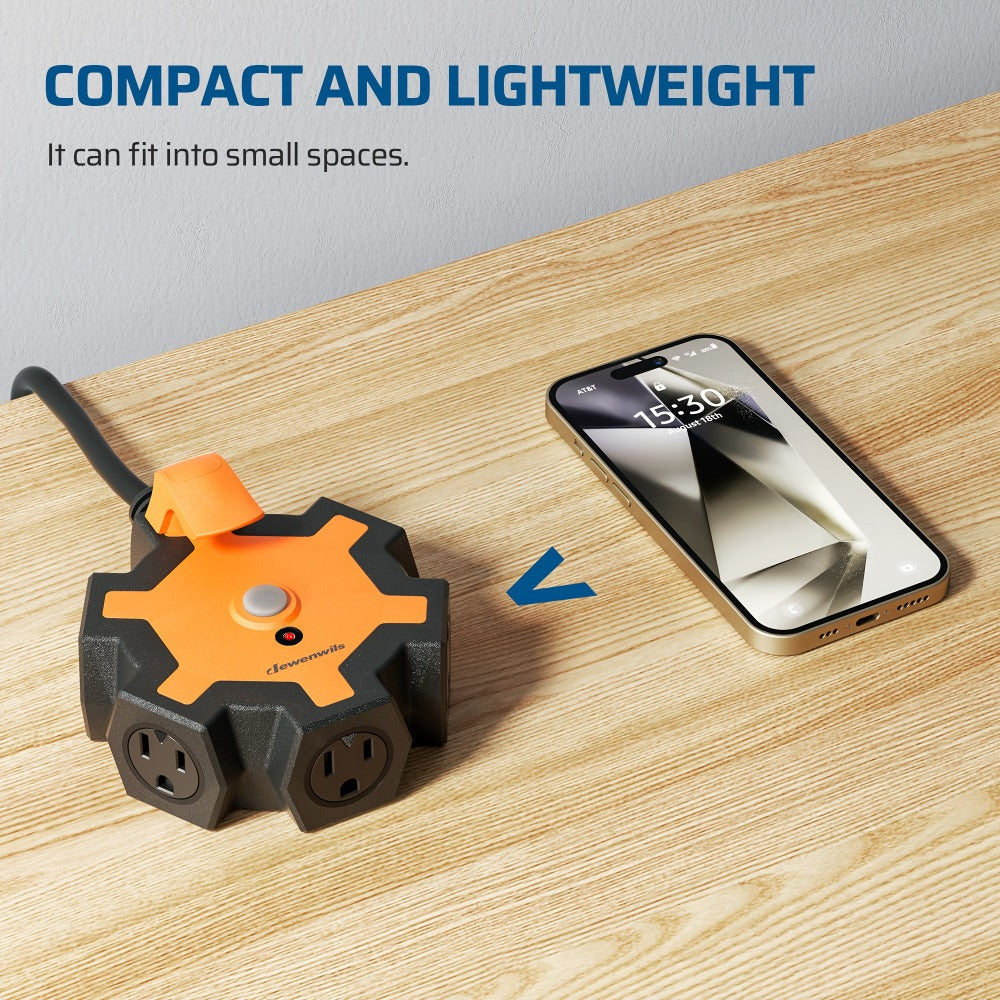 Power Strip Heavy Duty 5-Outlet with 15ft Extension Cord - 15A Circuit Breaker, 14/3 AWG SJTW Cord, Swivel Safety Covers, Indoor Outdoor Use for Garage Workshop, 1-Pack & 2-Pack Available