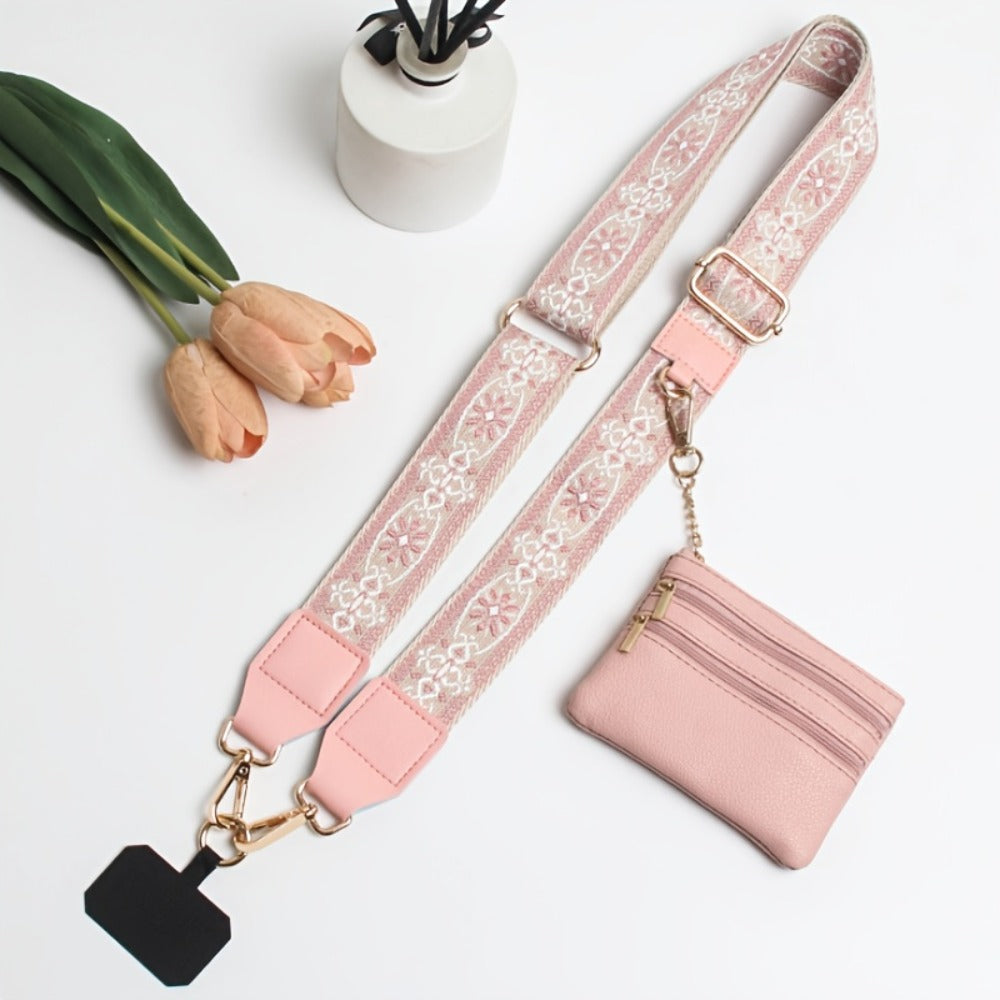 Crossbody Phone Strap Wallet Pouch with Beaded Charm Detachable Wrist Lanyard Card Holder Hands-Free Shoulder Strap for Women Girls iPhone Samsung – Green Purple Brown Pink 5 Colors