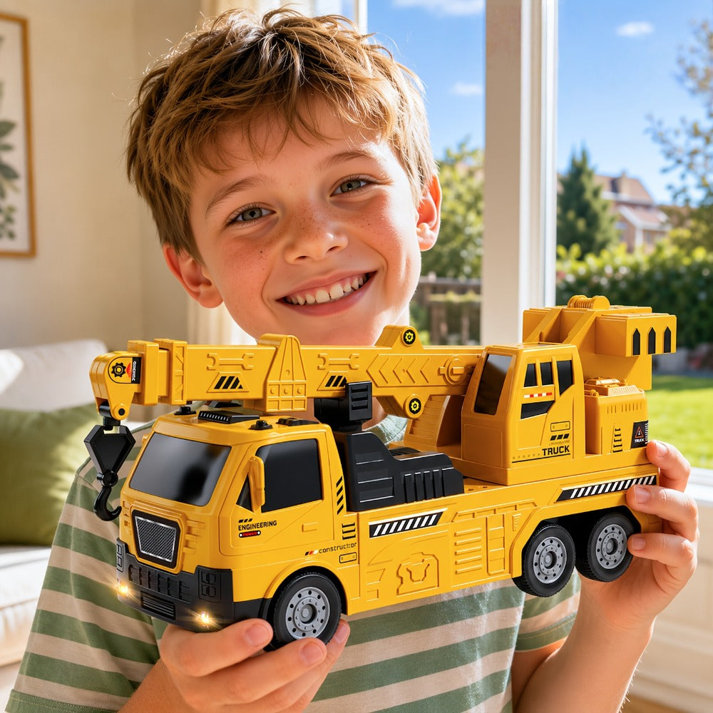 Crane Racing Track Toy Set – 3-in-1 Construction Playset with Excavator, 8 Cars, Lights & Sounds