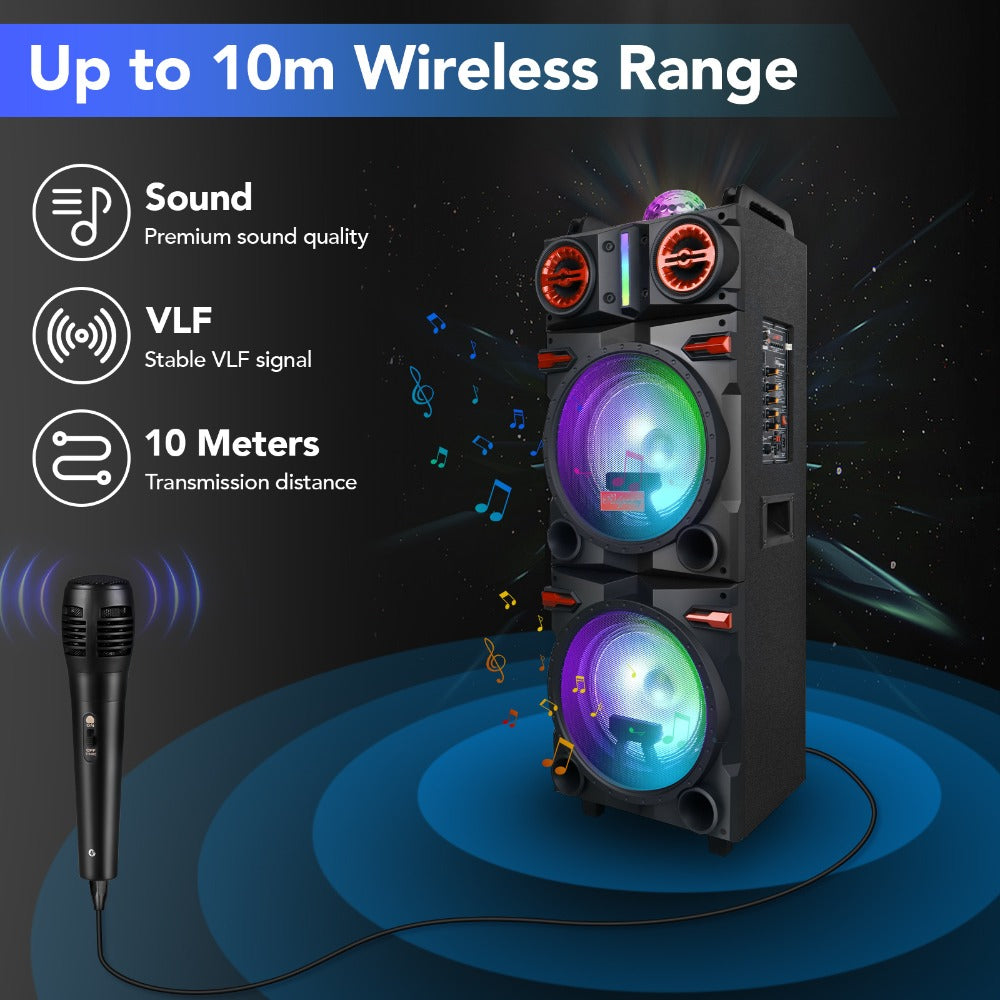 Karaoke Party Bluetooth Speaker with Sound Reactive Lights, 1000W Peak DJ Subwoofer Stereo Boombox, USB SD AUX FM Radio, Telescopic Rod Remote Control for Outdoor Indoor Party