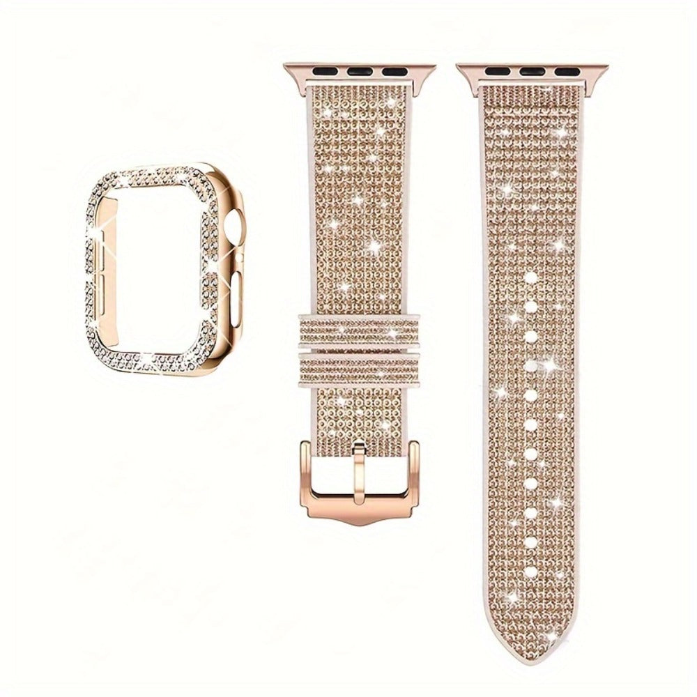 Apple Watch Band with Case Crystal Rhinestone Bling, Chameleon Color-Shift Strap + Shockproof Hard PC Cover, Compatible with Apple Watch Series 1-9 SE Ultra 38mm to 49mm S10 – Rose Gold Black Silver Women