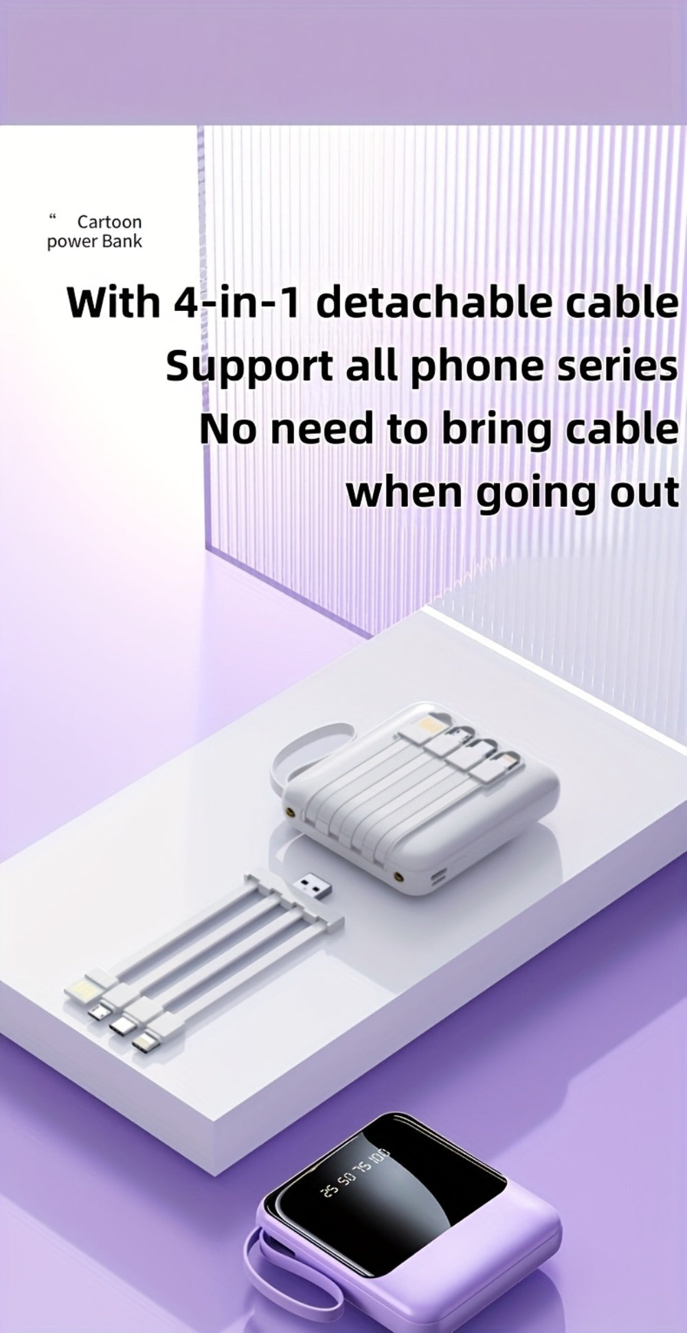 10000mAh Power Bank Built-in 4-in-1 Cable 22.5W Super Fast Charging Slim Mini Portable Charger for iPhone Android Samsung – Compact Travel Battery Pack USB-C Micro Lightning