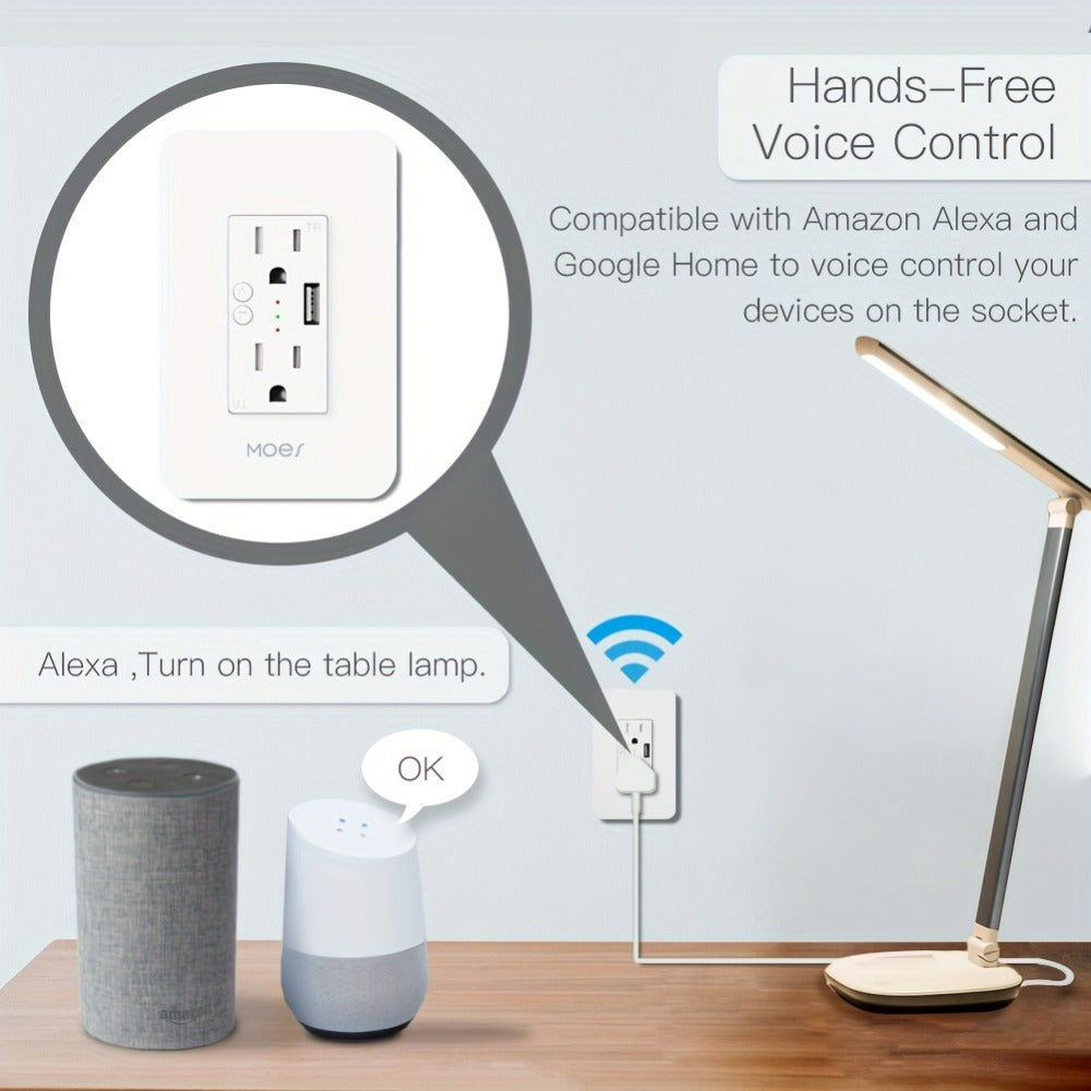 Smart WiFi Wall Outlet with 2 AC Outlets & USB Charging Port, Works with Alexa & Google Home, App Remote Control, No Hub Required, 15A 2.4GHz – MOES Intelligent In-Wall Smart Plug Socket