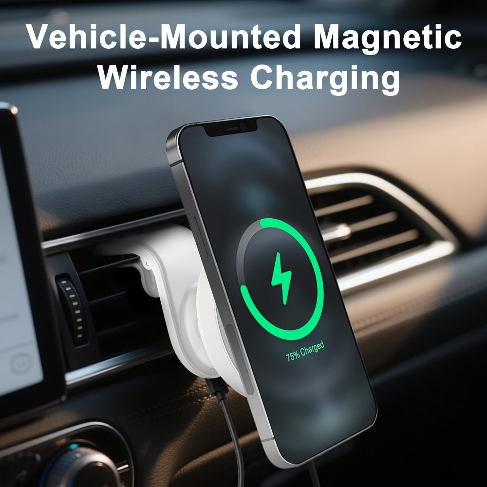 Magnetic Wireless Car Charger Mount 15W 360° Swivel Ball Joint Air Vent Holder for iPhone 17 17 Air 17 Pro Max 16 15 14 13 12 Series, Samsung Galaxy S24 S23 S22 & All Qi Devices – White
