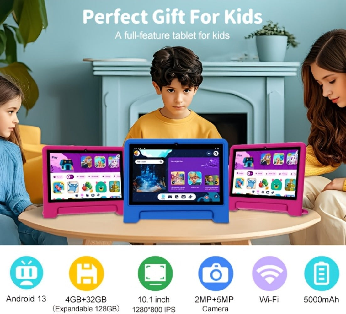 WiFi 6 Kids Tablet 10.1 Inch Android 6GB RAM 64GB ROM 5000mAh Dual Camera Parental Controls Eye Protection Preloaded Educational Apps Games Learning Tablet with Case Gift for Kids Blue Pink