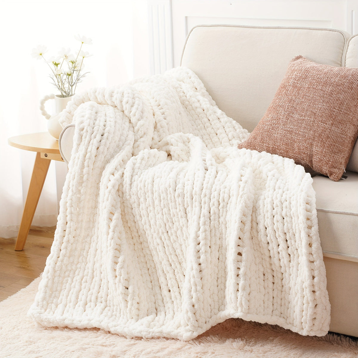 Chunky Chenille Cable Knit Throw Blanket – 350-400gsm Soft Warm Crochet Throw for Sofa, Bed & Couch, Vintage Patchwork, 14 Colors