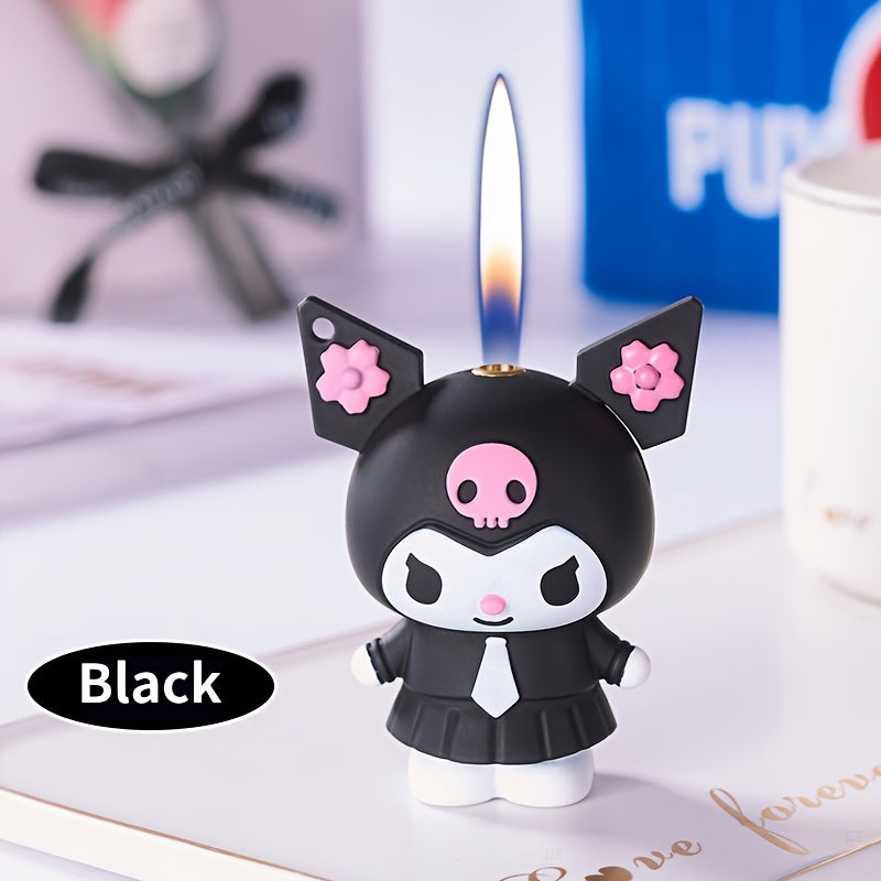 3D Kawaii Anime Figure Lighter with Chain, Cute Kuromi Sanrio Cartoon Open Flame Butane Lighter, Unique Kawaii Gift for Anime Fans, Available in 3 Colors – Black, Purple & Pink (No Butane Included)