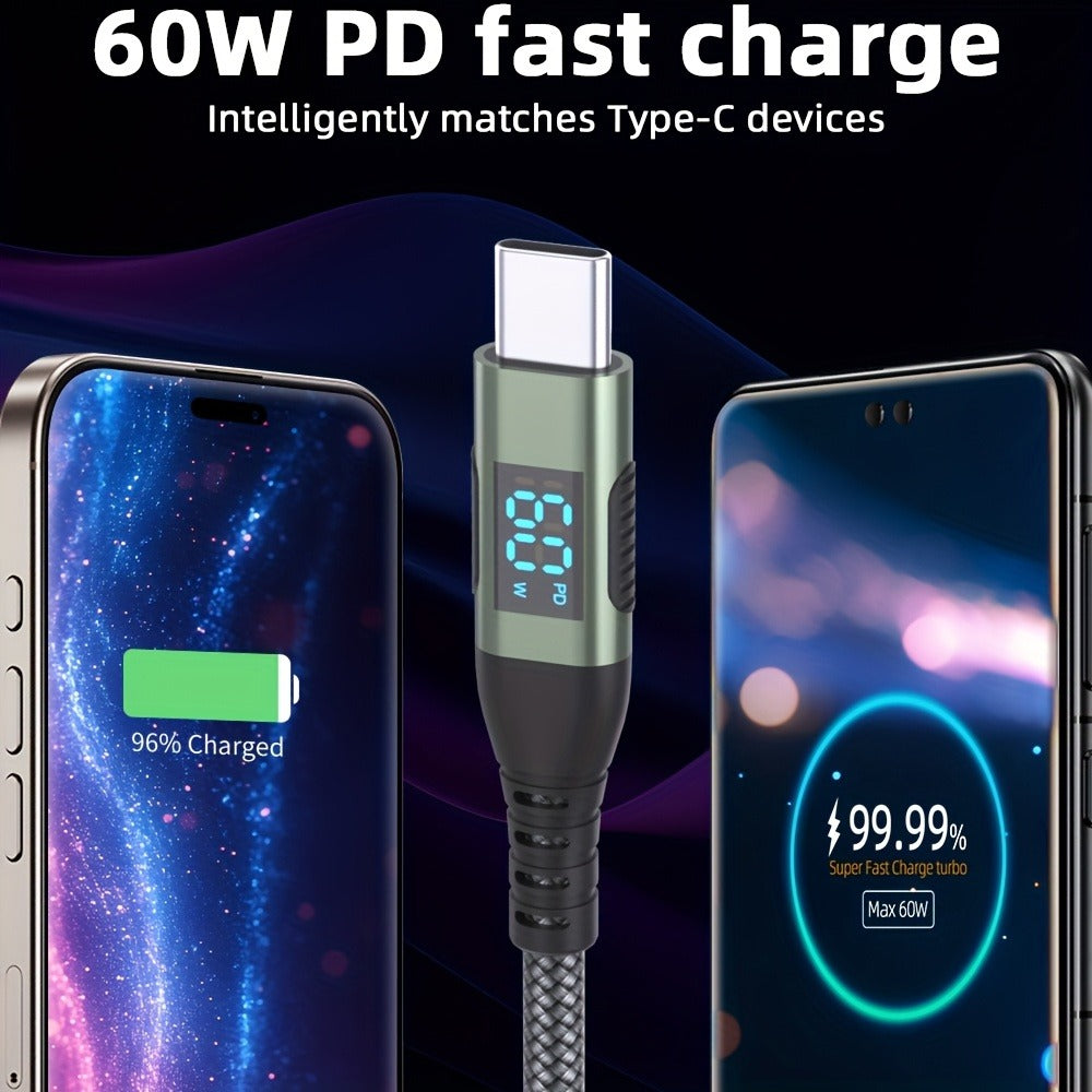 USB-A to USB-C Cable with LED Digital Display, 3A Fast Charging & 480Mbps Data Sync, Nylon Braided Anti-Overheat, for iPhone 15 Samsung Galaxy LG Android – Green (1pc/2pcs)