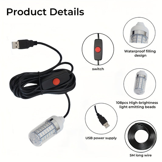 Underwater Fishing Light, 108 LEDs with USB Connector and 16.4 ft Cable