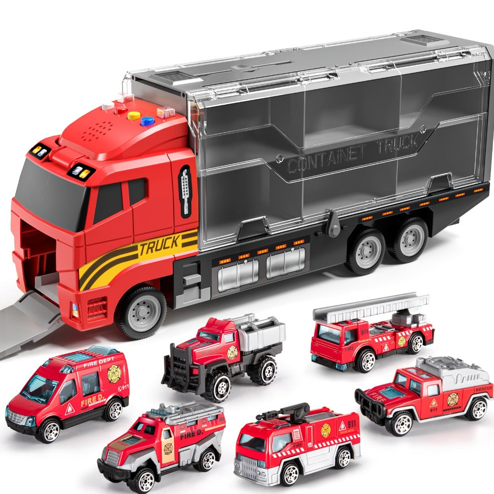 Fire Truck Toy Set with Die-Cast Metal Carrier Truck & Play Mat, Emergency Vehicle Playset