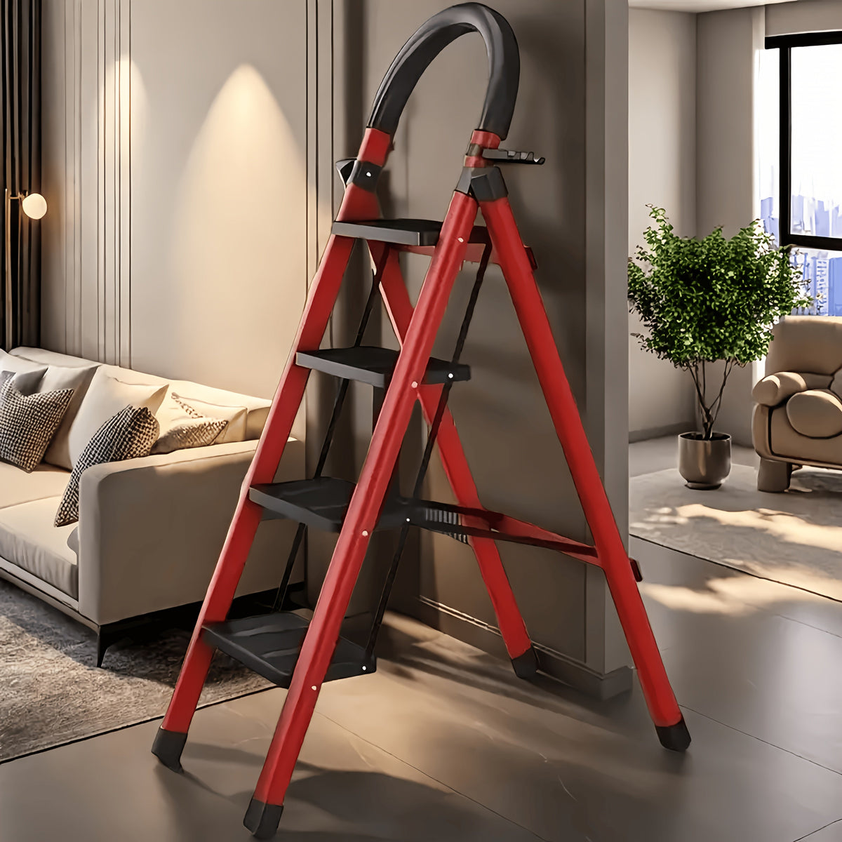 Folding Step Ladder 3 / 4 / 5 Step with Anti-Slip Pedal & Tool Tray – 450 LBS Capacity Portable Steel Step Stool for Adults, Home, Kitchen, Library & Office Use – Red & Black Options