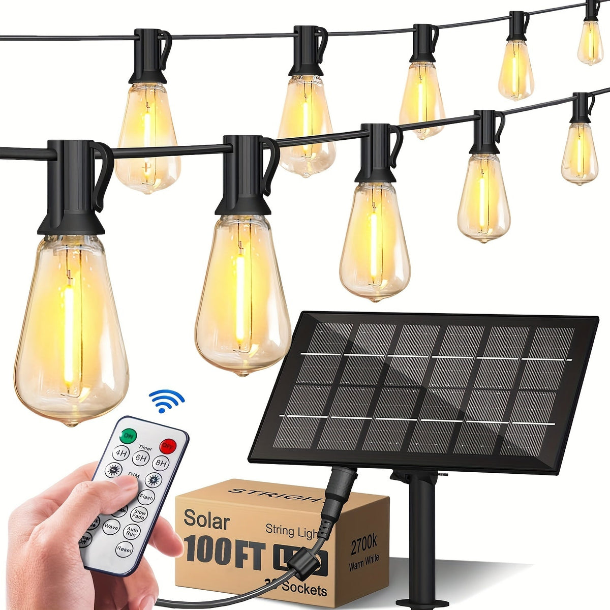 Solar String Lights Outdoor LED – 39/50/72/100/105FT Spherical Bulb & Warm/Cool White with Remote Control | IP65 Waterproof 12-Hour Solar Powered Fairy Lights for Patio, Garden & Festival Decoration