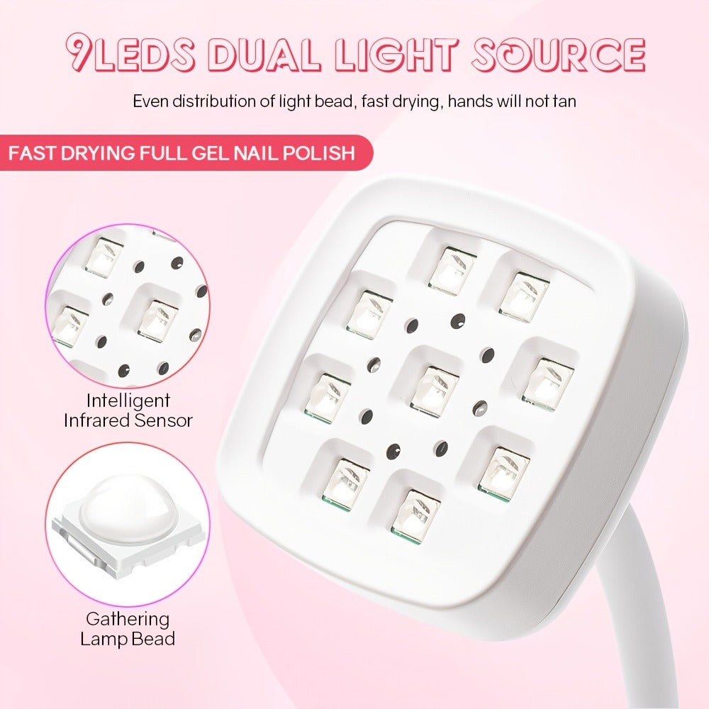 Gooseneck LED Nail Lamp 360° Flexible Portable USB Rechargeable Gel Nail Dryer Auto Sensor LCD Display 2 Timer Settings 9-Bead Dual Light Quick Dry for Home Salon Gel Polish Nail Art White