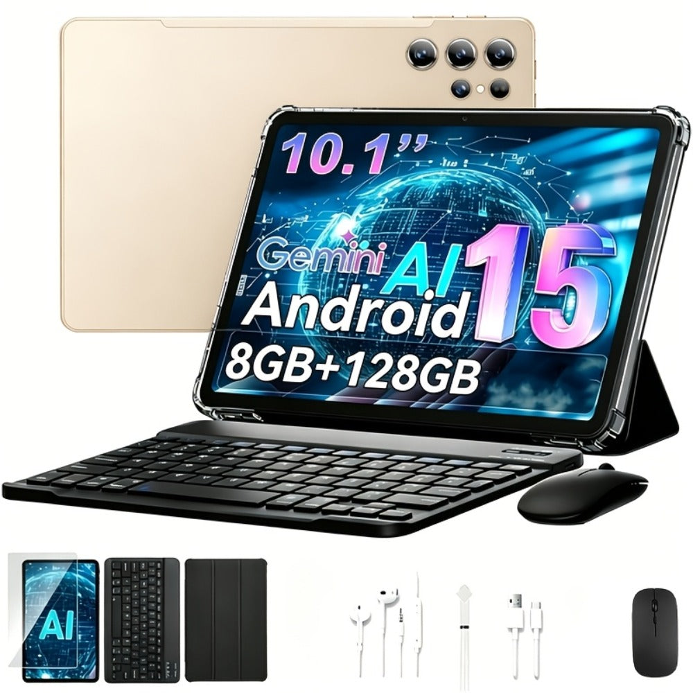 2-in-1 Tablet Android 15, 10.1 Inch Tablet with Keyboard Case Stylus, 8GB RAM 128GB ROM, 8000mAh Battery, 5G WiFi, 5MP+16MP Dual Camera, 1280x800 FHD IPS, Tablet PC for Adults Kids