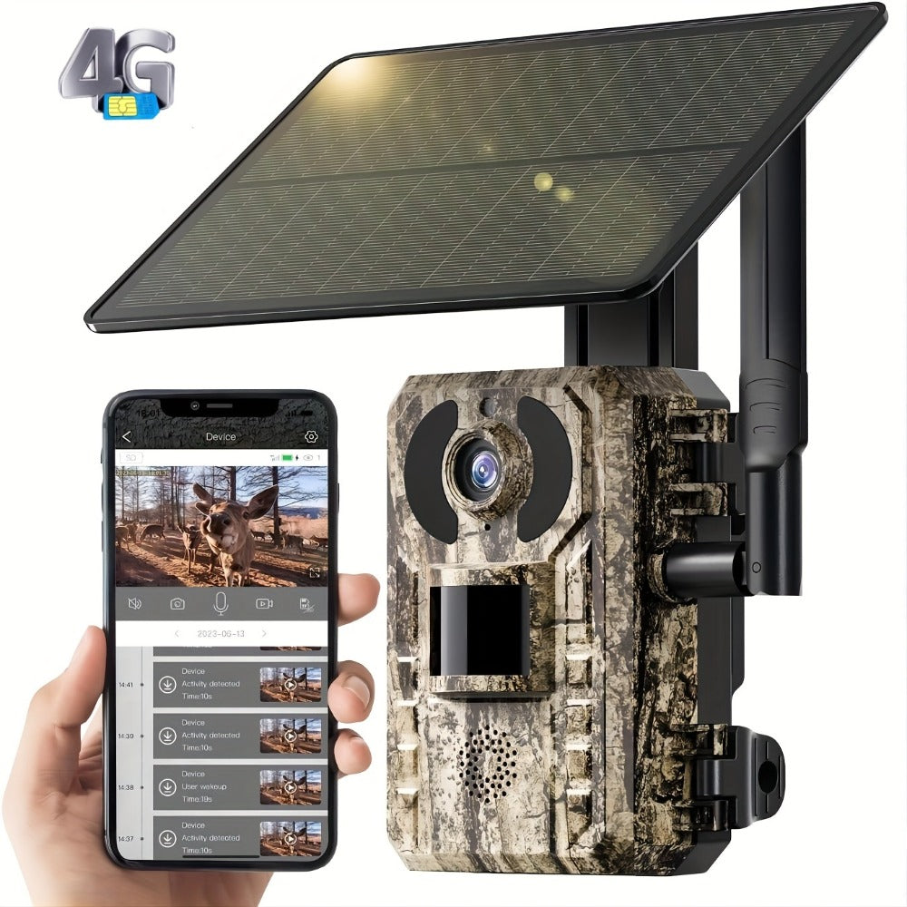 4G LTE Cellular Trail Camera Solar Powered with Night Vision & HD Live View – Built-in SIM Card, 0.2s Trigger Speed, IP65 Waterproof, No WiFi Needed, Hunting & Wildlife Camera