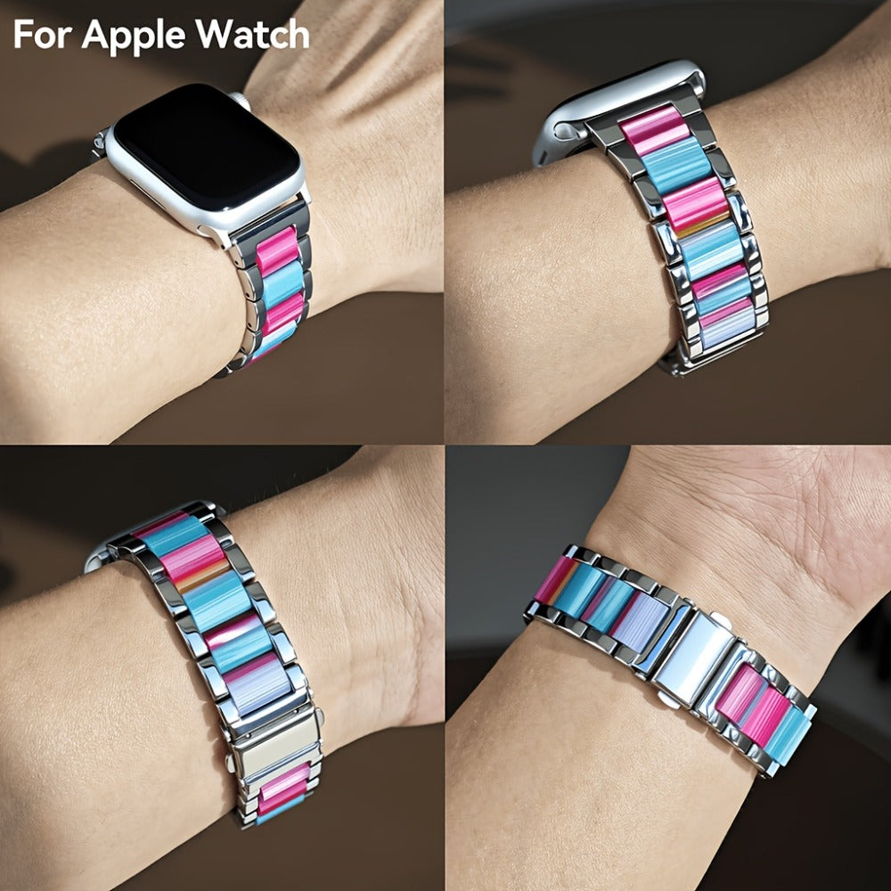 Stainless Steel Resin Apple Watch Band for Women – Gradient Brown & Rainbow Color Fashion Strap Compatible with Apple Watch Series 1–11 SE Ultra Ultra 2 38 40 41 42 44 45 46 49mm