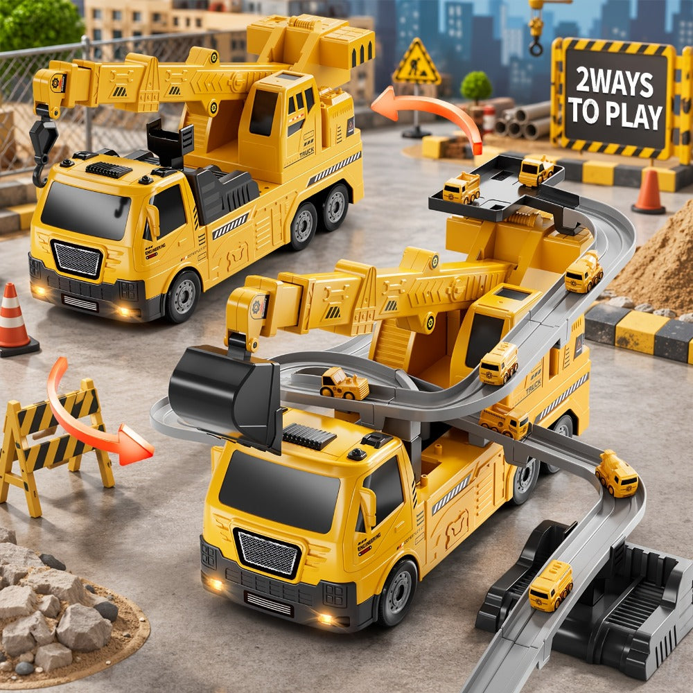 Crane Racing Track Toy Set – 3-in-1 Construction Playset with Excavator, 8 Cars, Lights & Sounds