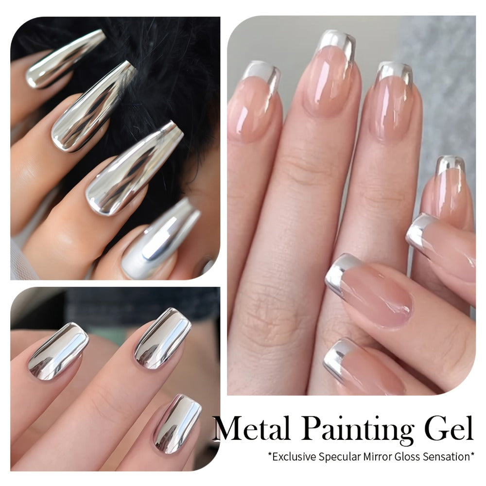 Mirror Metallic Nail Art Painting Gel with Built-In Brush 0.24oz — Metal Effect UV LED Soak Off Silver Chrome Line Drawing Flower Geometric DIY Home Salon Manicure Women Nail Artists