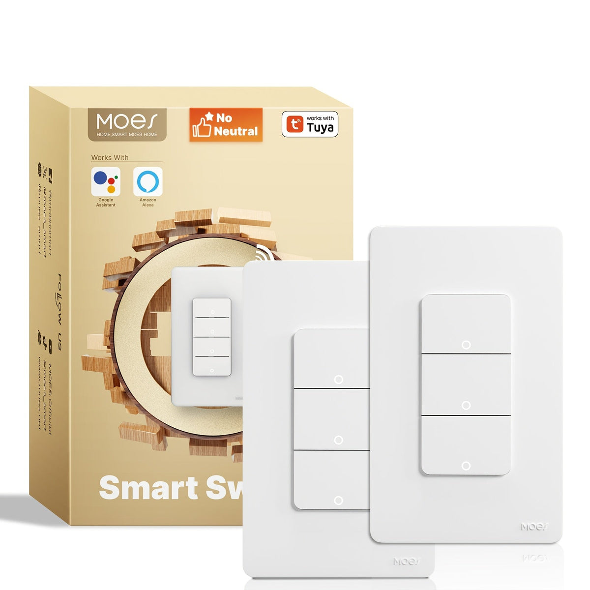 No Neutral Wire WiFi Smart Light Switch MOES 1/2/3/4 Gang Single Pole, Works with Alexa & Google Assistant, No Hub Required, 2.4GHz App Control, 110V – 2 Pack Smart Home Lighting Switch