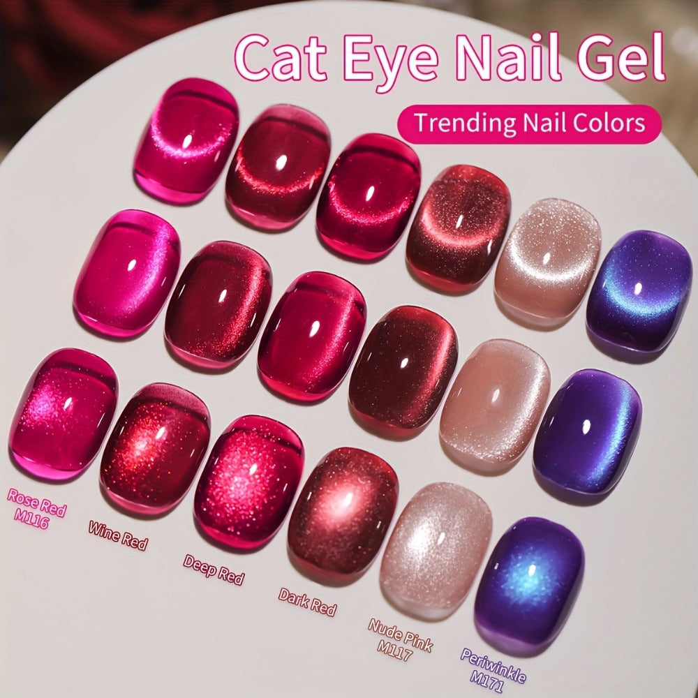Berry Cat Eye Gel Polish 6 Colors Photo Frame Bottle Magnetic Holographic Reflective Soak Off LED UV – Deep Plum Burgundy Magenta Nail Art Gel for Salon & DIY Manicure, Nail Art Gift for Women