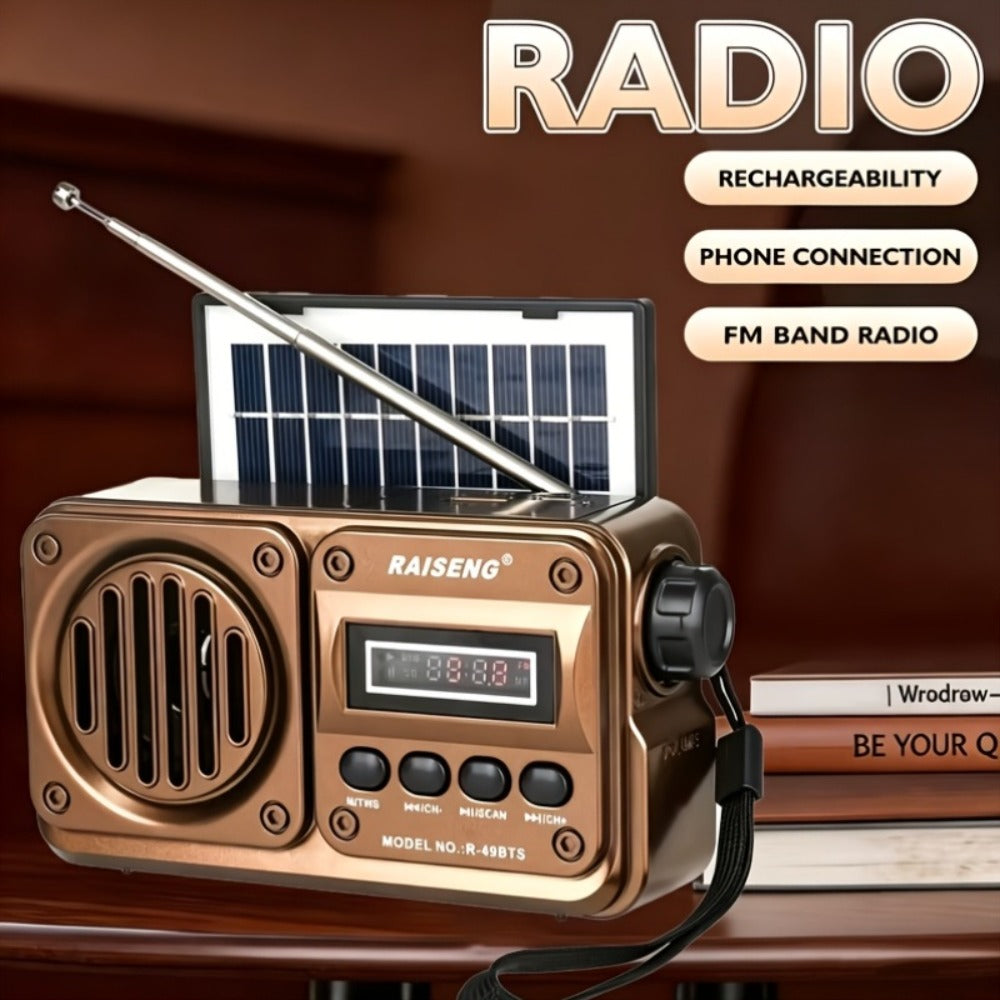 FM Portable Radio R-49BTS Retro Solar Panel Bluetooth Speaker, USB TF Card Playback, Loud Digital Radio for Indoor Outdoor Travel Emergency Camping, Independence Day Gift