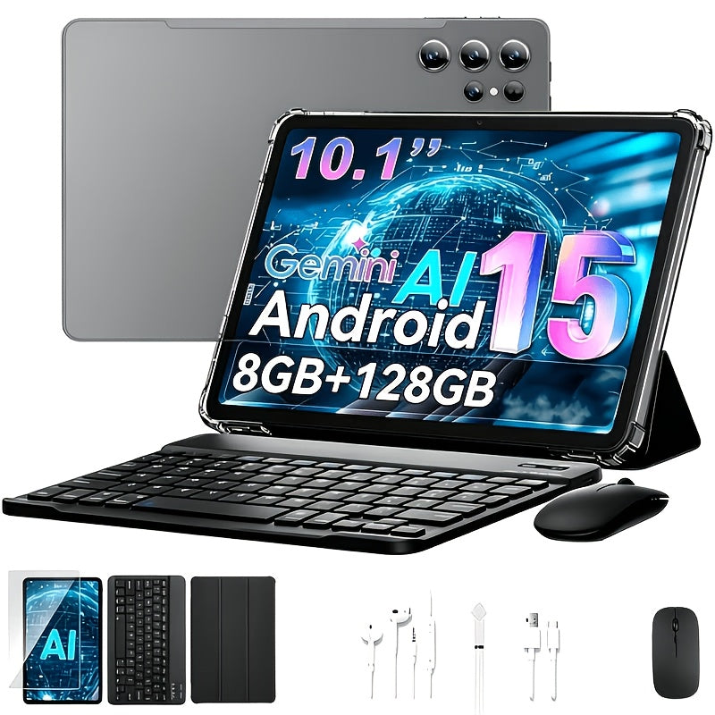Android 15 Tablet 10.1 Inch 8GB RAM 128GB ROM – 8000mAh Battery, 1280x800 HD Display, 5MP+16MP Dual Camera, Stereo Speakers, WiFi, with Keyboard Case Mouse Stylus USB Cable