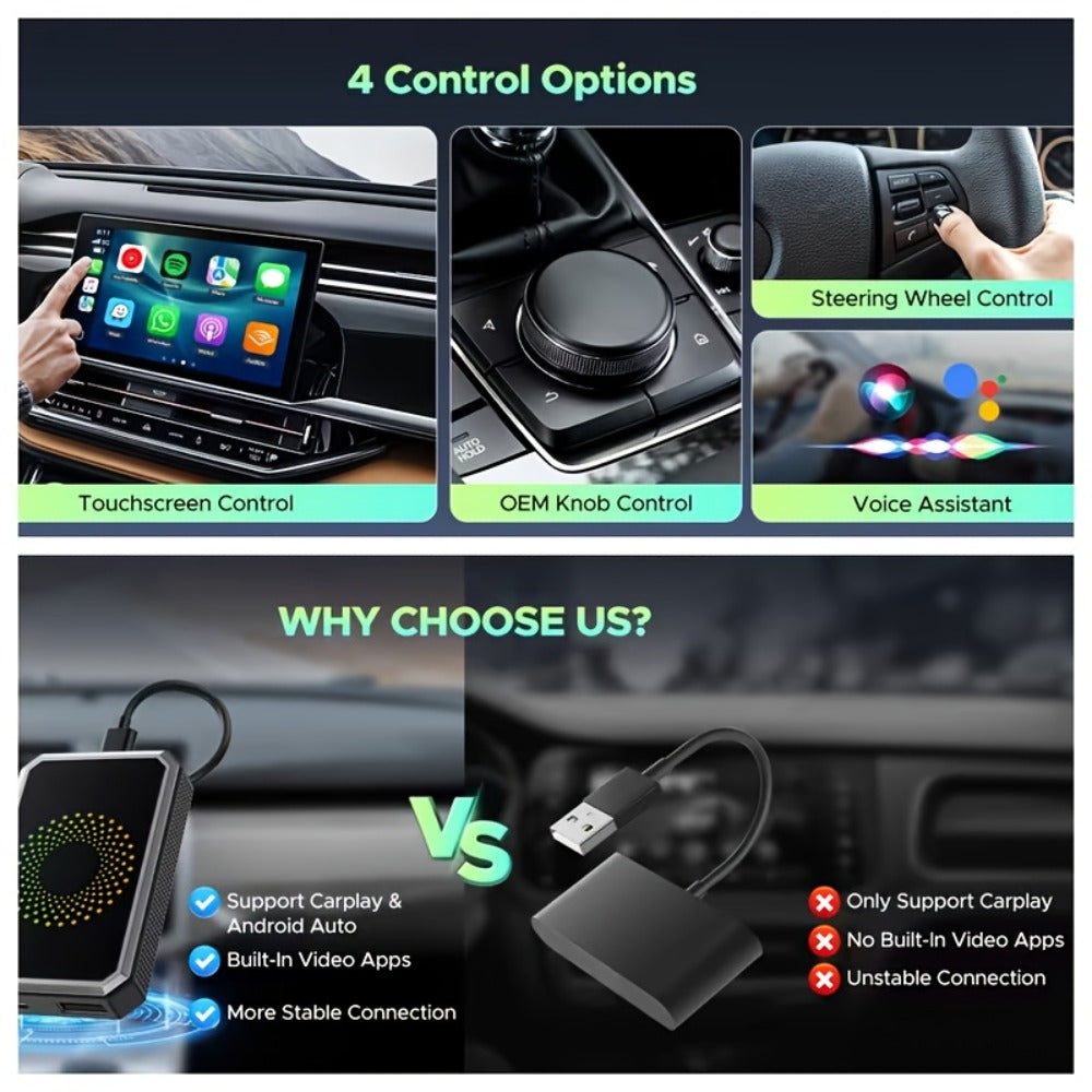 3-in-1 Wireless CarPlay Adapter Magic Media Box with Netflix YouTube TikTok Streaming & USB Port, Converts Factory Wired Apple CarPlay & Android Auto to Wireless, Plug-and-Play, iOS 10+, Black