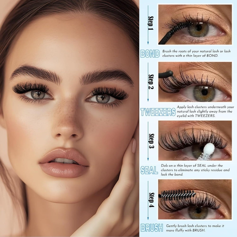 Complete 720-Piece Handmade Cluster Lash Kit with Glue & Tweezers — 30D to 100D, 6 Styles & Lengths, Lightweight No-Irritation Formula for Natural & Volume DIY Eyelash Extensions