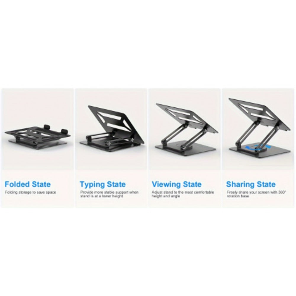 Adjustable Ergonomic Laptop Stand, 360° Rotating Base, Foldable Iron Desk Stand for MacBook Pro/Air & Notebooks up to 17 Inch, Portable Workspace Enhancer – Silver/Black