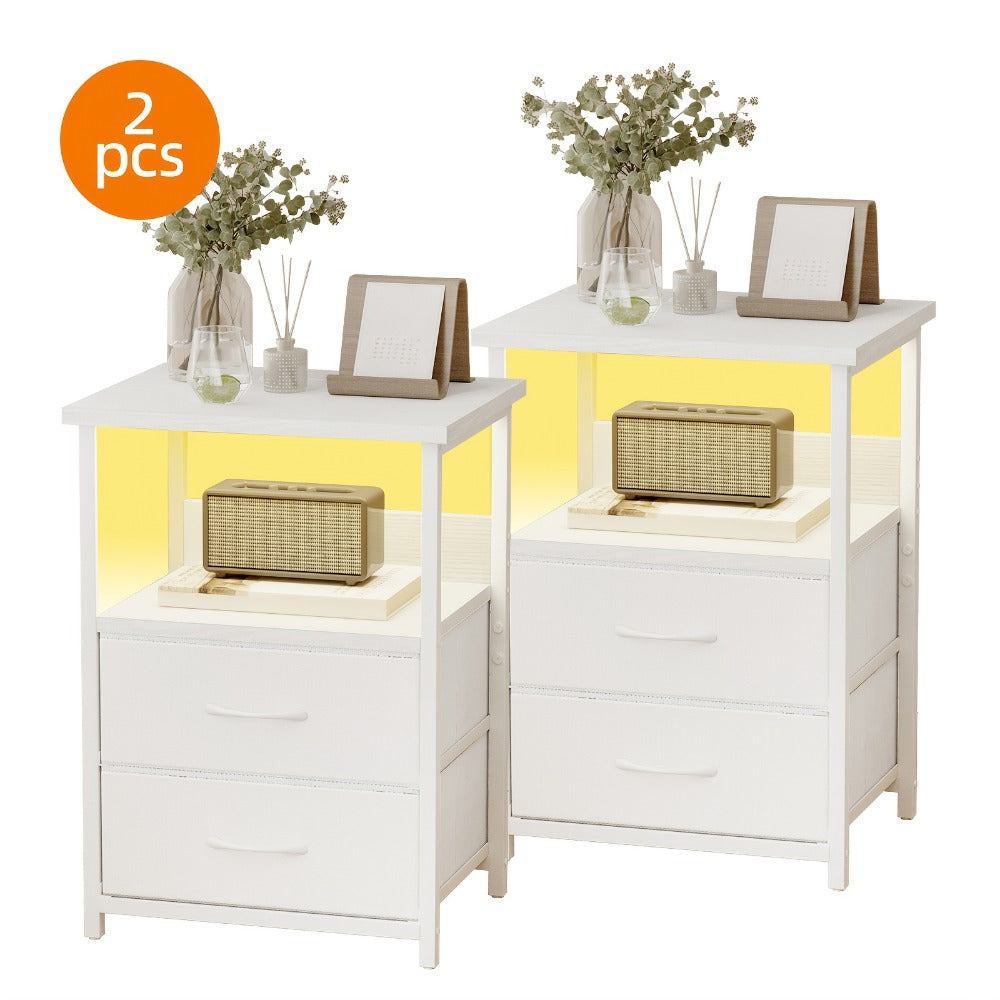 Nightstand with Charging Station & LED Light – USB Ports Outlets Fabric Drawers | PU or Clear Acrylic Desktop | 1pc or 2pcs Matching Set | Smart Bedside Table for Bedroom Dorm Student Room Black White