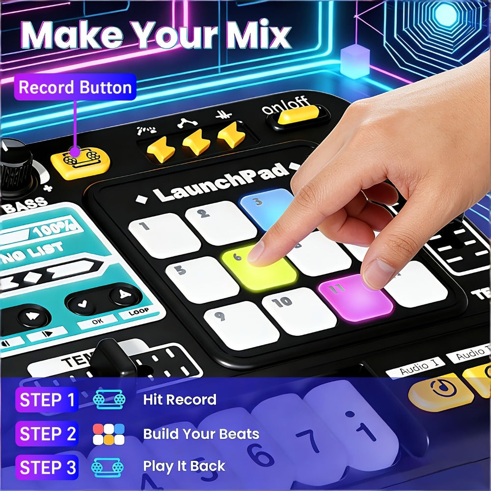 Kids DJ Mixer Toy in Black with LED Lights, Microphone and Piano Keys