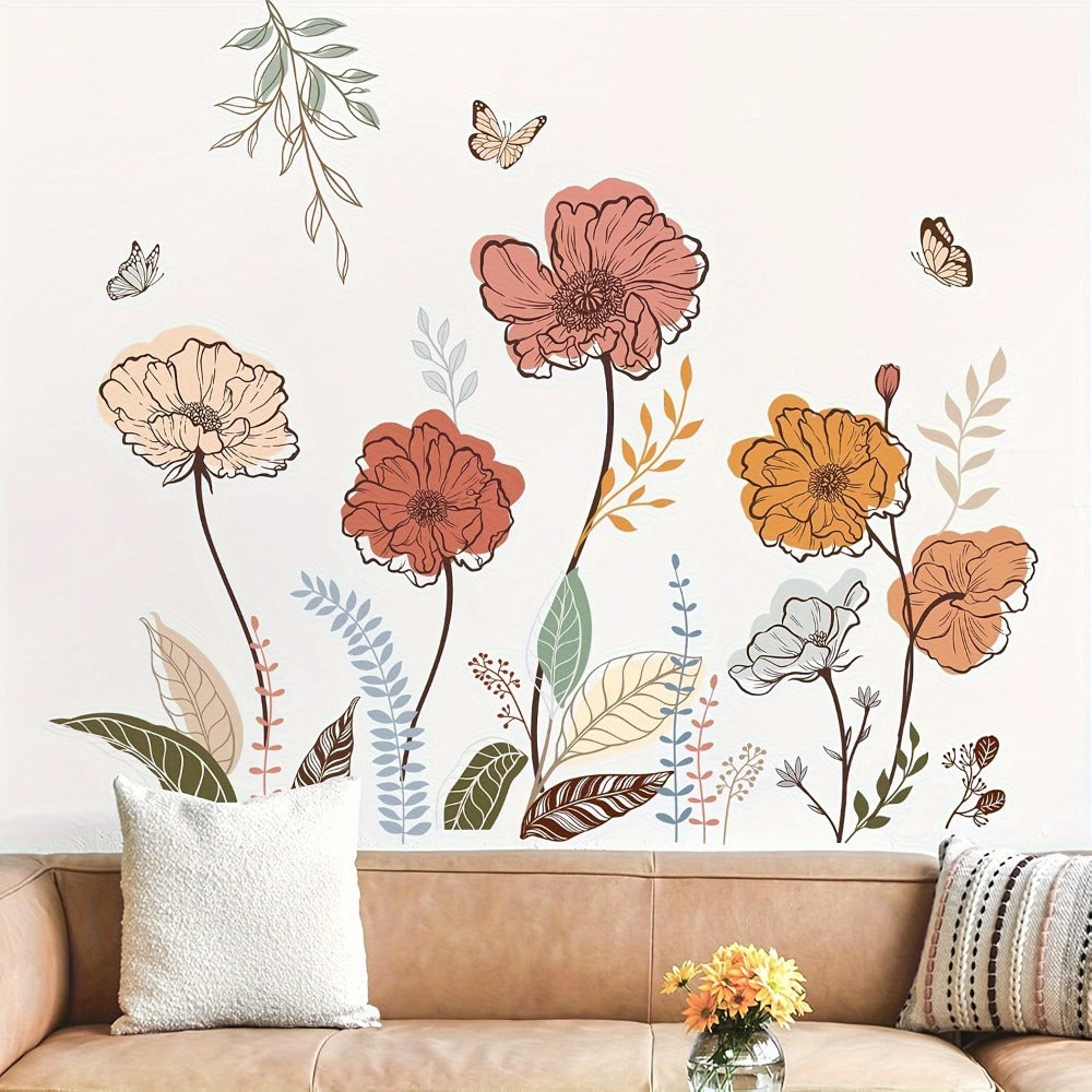 Bohemian Flower Wall Stickers Self-Adhesive Peel and Stick - Wildflowers & Fruits Wall Art Decals for Living Room Bedroom TV Background - Removable Matte Boho Floral Wall Decoration Sticker