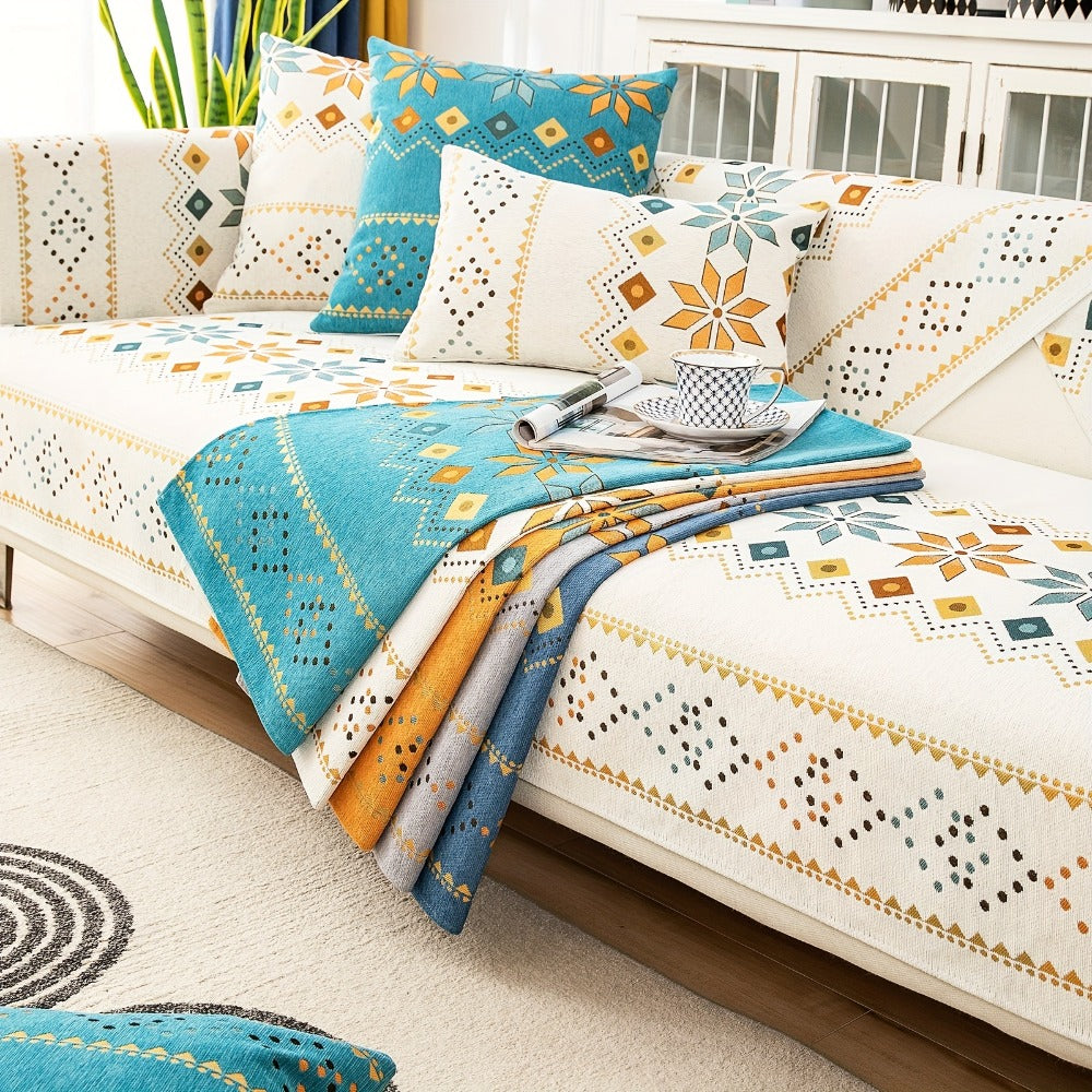 Bohemian Chenille Sofa Cover | Geometric Print Non-Slip Couch Slipcover, Thick Plush Boho Style, 1 to 4 Seat, Armrest & Backrest, Machine Washable, Sectional Sofa Protector