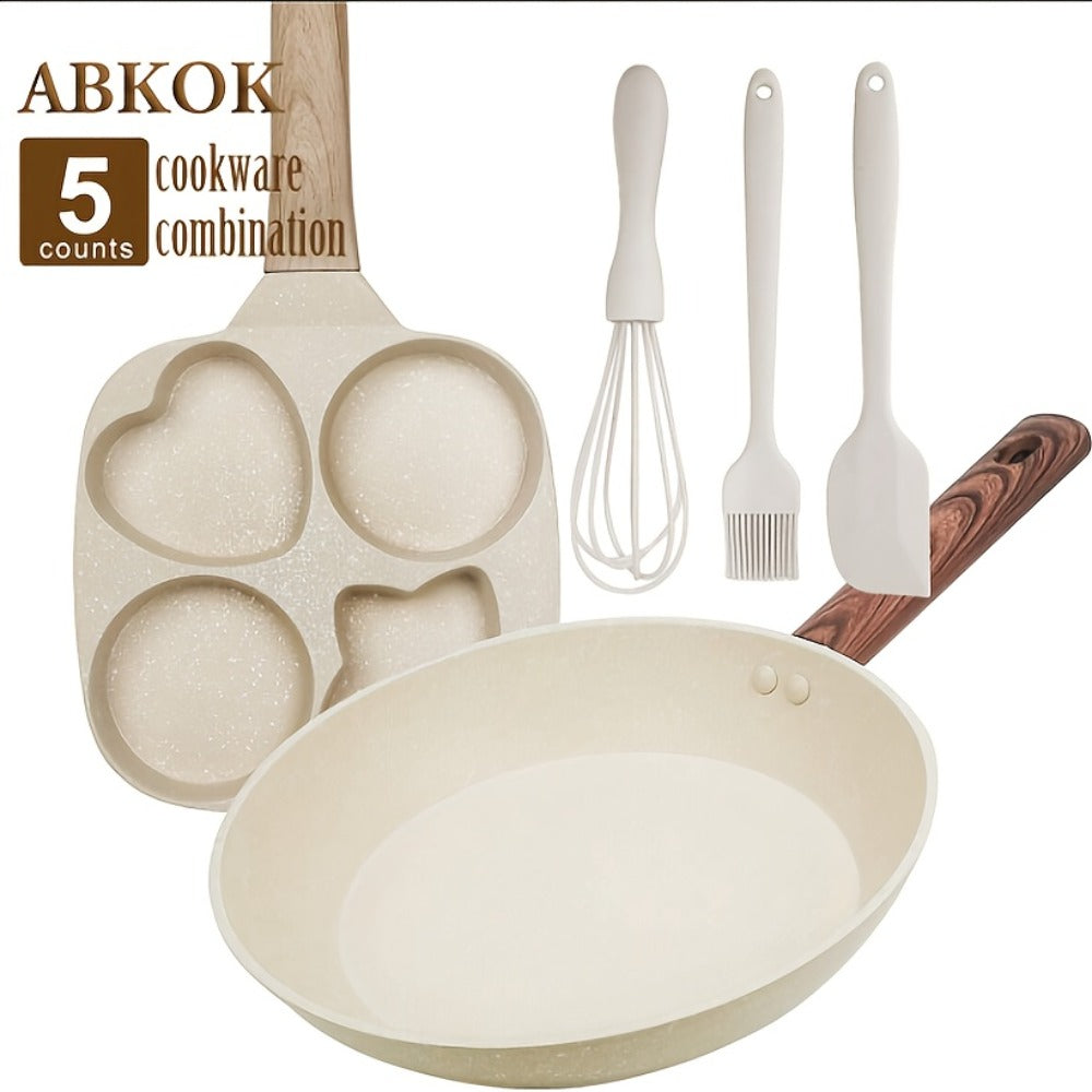 Non-Stick Cookware Set 5-Piece Beige – Pumice Stone Coating Egg Frying Pan Pancake Skillet with Kitchen Utensils | Aluminum Induction Compatible Home Cooking Set for Eggs Pancakes & Breakfast