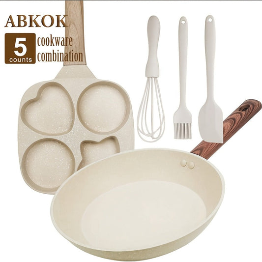 Non-Stick Cookware Set in Beige, 5-Piece Egg Pan and Pancake Skillet with Utensils
