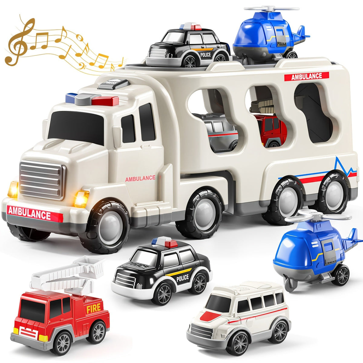 Ambulance Carrier Truck Toy Set, 5-in-1 with Lights, Sound and Rescue Vehicles