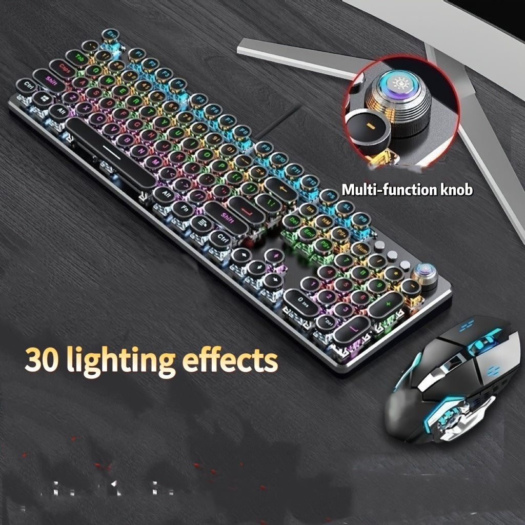 Hot-Swappable Mechanical Keyboard and Mouse Combo 34 Lighting Effects True Mechanical Blue Switches Retro Style USB Wired Aesthetic Gaming Set for Desktop Laptop Windows Mac Gift for Boyfriend Girlfriend