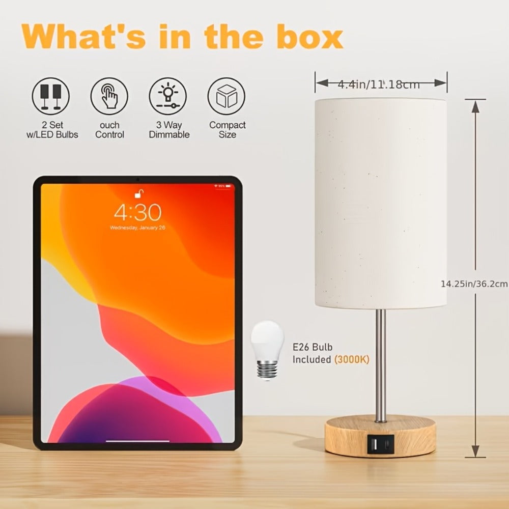 Bedside Table Lamp with USB-C Charging Port – 3-Way Dimmable Touch Lamp, Wood Base Round Burlap Shade, Small Nightstand Desk Light with AC Outlet & A19 LED Bulb Included for Bedroom Living Room Office