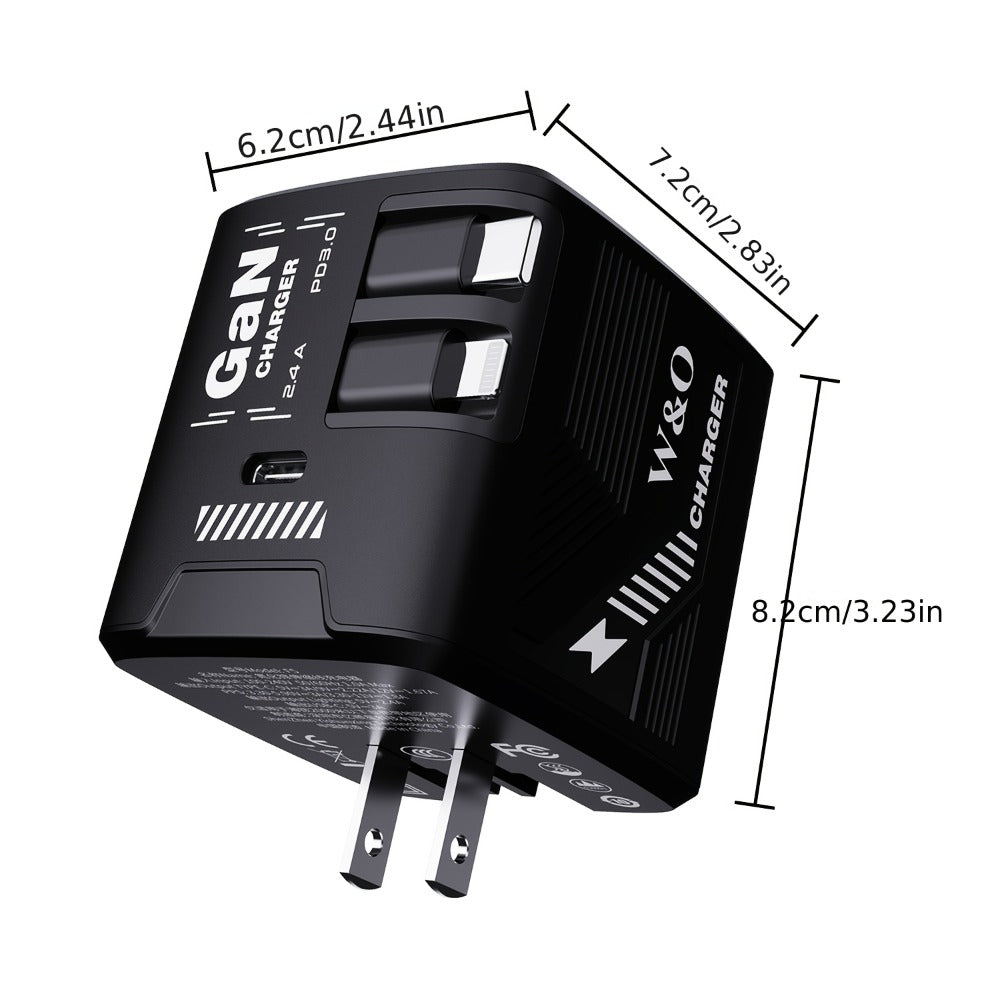 GaN Charger 120W with Lightning & Type-C Retractable Cables 47in, Foldable Plug USB-C Wall Adapter – With or Without Cable Option for iPhone 17 16 15 Pro Max, Samsung Galaxy S25 S24, Android Devices
