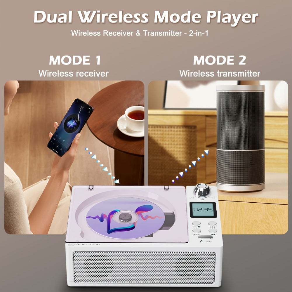 CD Player with Bluetooth Receiver FM Radio Dual Stereo Speakers, USB Player AUX Input Type-C Charging LED Display Remote Control, Multifunctional Home CD Music Player with Earphone Jack