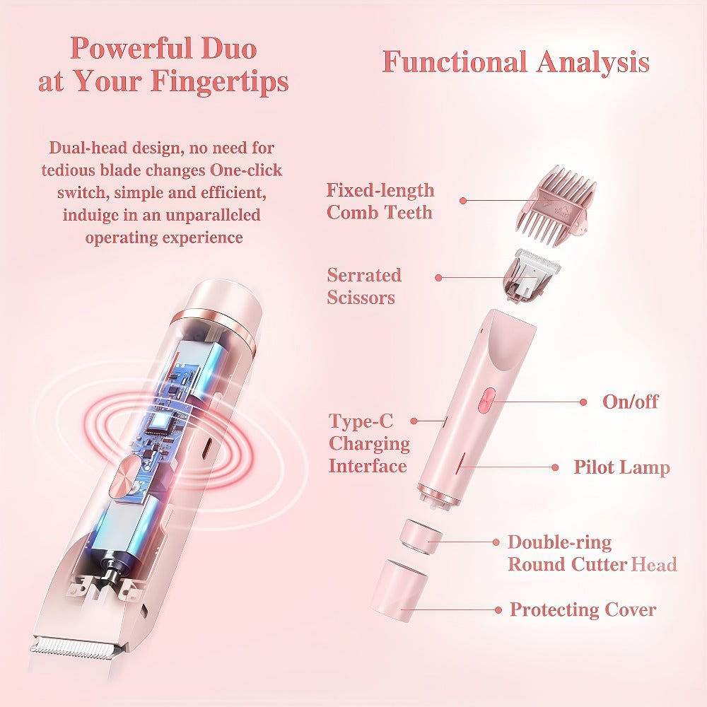 Electric Hair Trimmer for Women Dual Head IPX7 Waterproof USB Rechargeable Painless Bikini Trimmer Face Body Shaver Arms Legs Underarm Bikini Line Sensitive Skin Pink Special Edition Gift Set