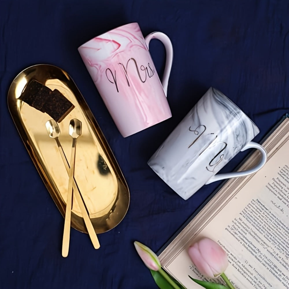 Mr and Mrs Mugs Wedding Gift Set 14oz Ceramic Marble – Bride and Groom Couples Mugs | Bridal Shower Engagement Anniversary Gift | Reusable Grey Pink Couple Coffee Mugs
