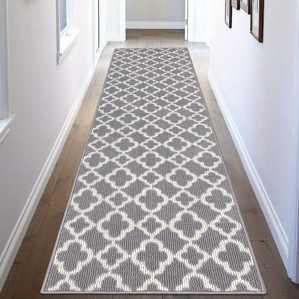 Runner Rug Moroccan Trellis Non-Slip – Machine Washable Hallway Carpet for Entryway, Kitchen & Bathroom – 100% Polypropylene Long Floor Rug, Black & Gray, 2x6, 2x8, 2x10 Ft