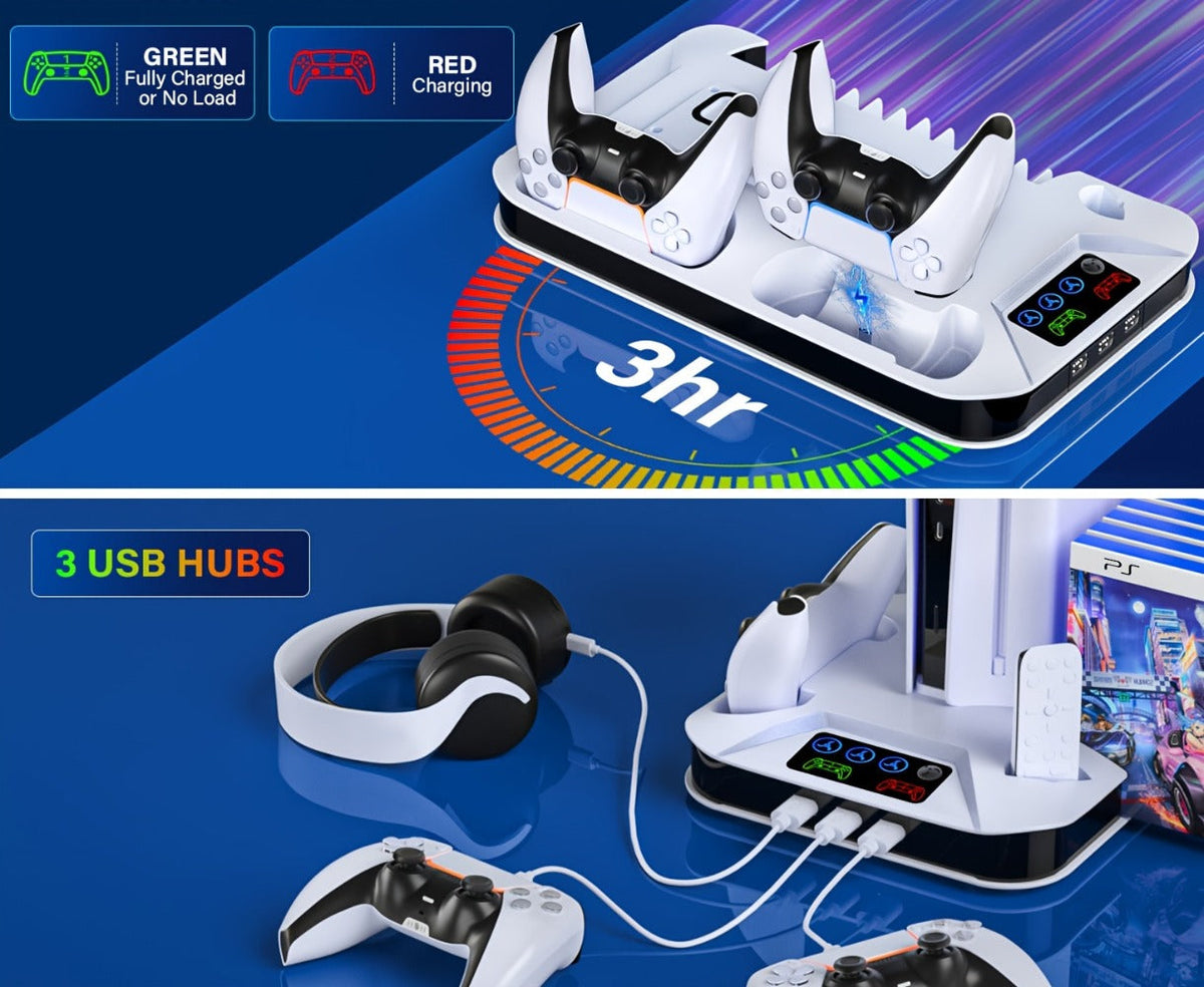 PS5 Cooling Station with USB Hub & Dual Controller Charging Dock for PS5/Slim/Pro, PlayStation 5 Stand Cooler with 3 USB Hubs, Headset Holder, Cooling Fan, Fits Disc & Digital Edition