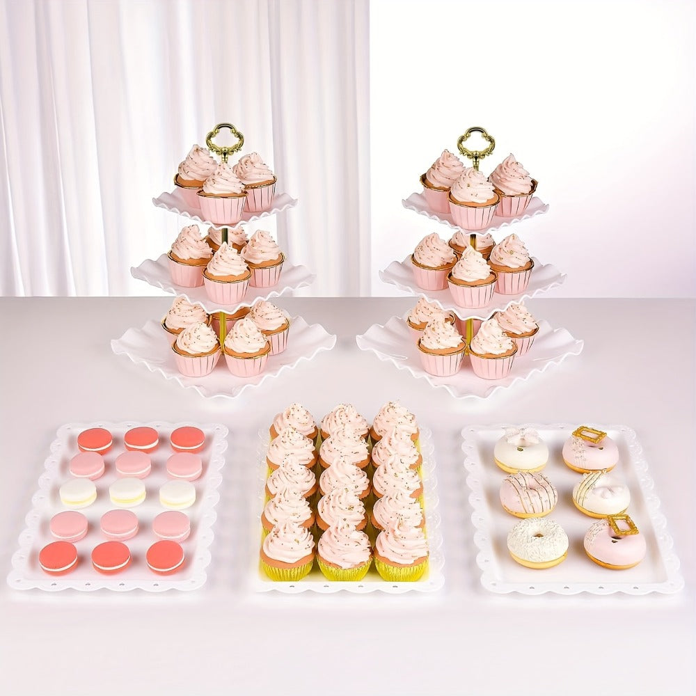 Cake Stand Set 5 Piece – 2 Square Three-Tier Cupcake Stands & 3 Appetizer Trays for Birthday, Baby Shower, Bridal Shower, Christmas, Halloween Party Dessert Display
