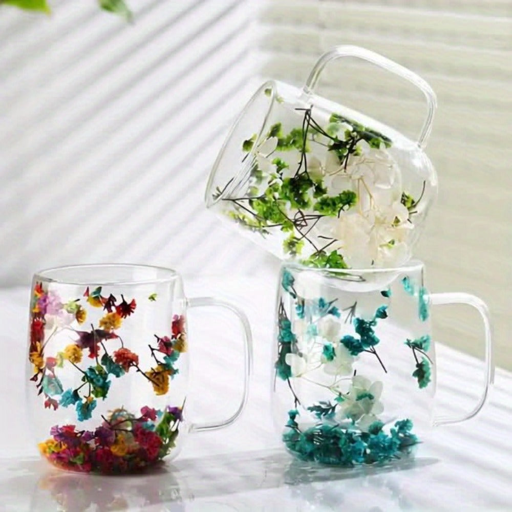 Double Wall Glass Coffee Cups with Handle Set of 4 – Borosilicate Thermal Mugs for Latte Cappuccino Tea | Dried Flower & Petal Design Transparent Drinkware for Office Home Gifts