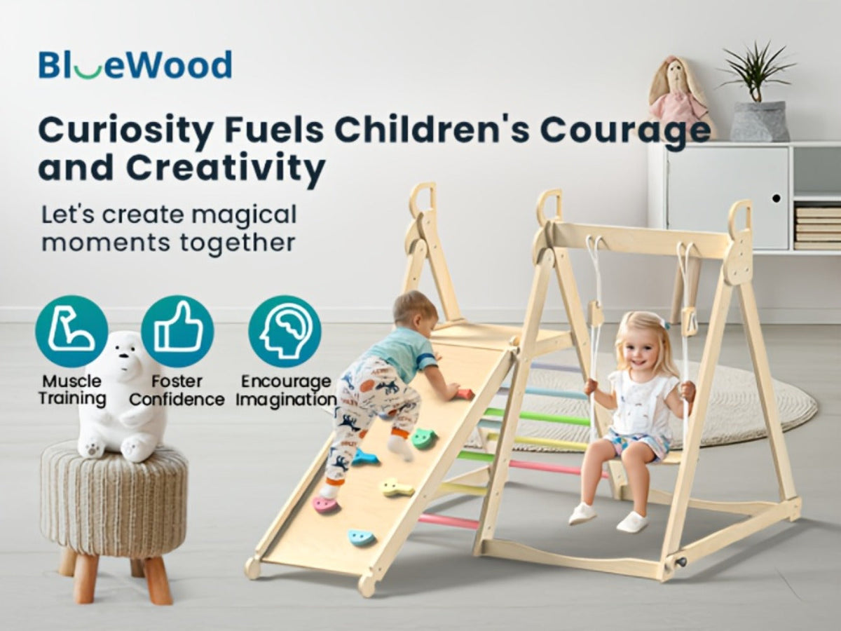 Foldable Indoor Wooden Jungle Gym for Toddlers – 4-in-1 Climbing Frame with Swing, Slide & Ladder | Ages 18M+ | Rainbow & Blue | Kids Indoor Playset for Cognitive Development & Active Play